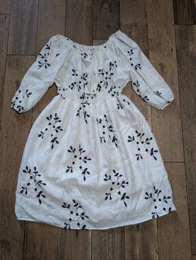 KINDRED Embroidered Midi Dress Womens 3X Ivory Boho Smocked Waist 3/4 Sleeve